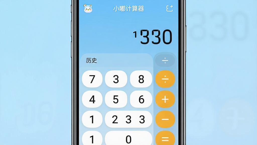 一张展示小嘟计算器手机应用主界面的图片,画面中央是一部竖屏智能手机,屏幕内显示小嘟计算器标准计算键盘与数字显示区域,背景为浅蓝色渐变,布局简洁居中,风格为扁平化UI设计,细节包含数字按键、运算符号与历史记录入口,画质清晰干净,无多余元素,图片中文字显示“小嘟计算器”