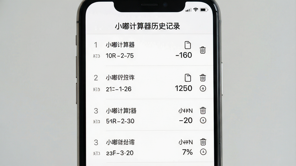 一张展示小嘟计算器历史记录界面的图片,画面为手机竖屏,屏幕中按时间顺序排列多条计算记录,每条包含算式与结果,布局为列表式设计,风格为简约商务风,细节包含复制与删除图标,画质清晰干净,图片中文字标注“小嘟计算器历史记录”