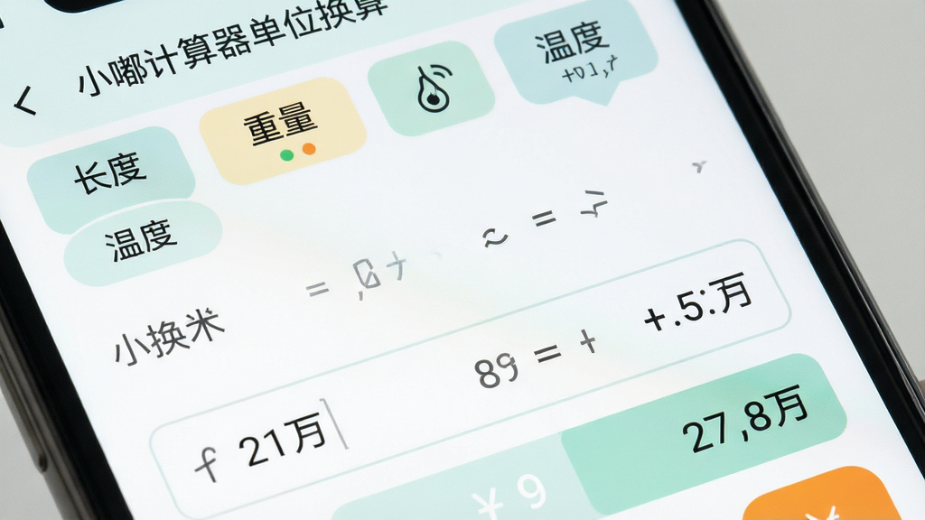 一张展示小嘟计算器单位换算功能的图片,画面为手机屏幕特写,界面中列出长度、重量、温度等单位分类标签,下方显示换算输入框与结果,布局清晰分类明确,风格为清新浅色系,细节包含单位图标与数值,画质清晰干净,图片中文字显示“小嘟计算器单位换算”