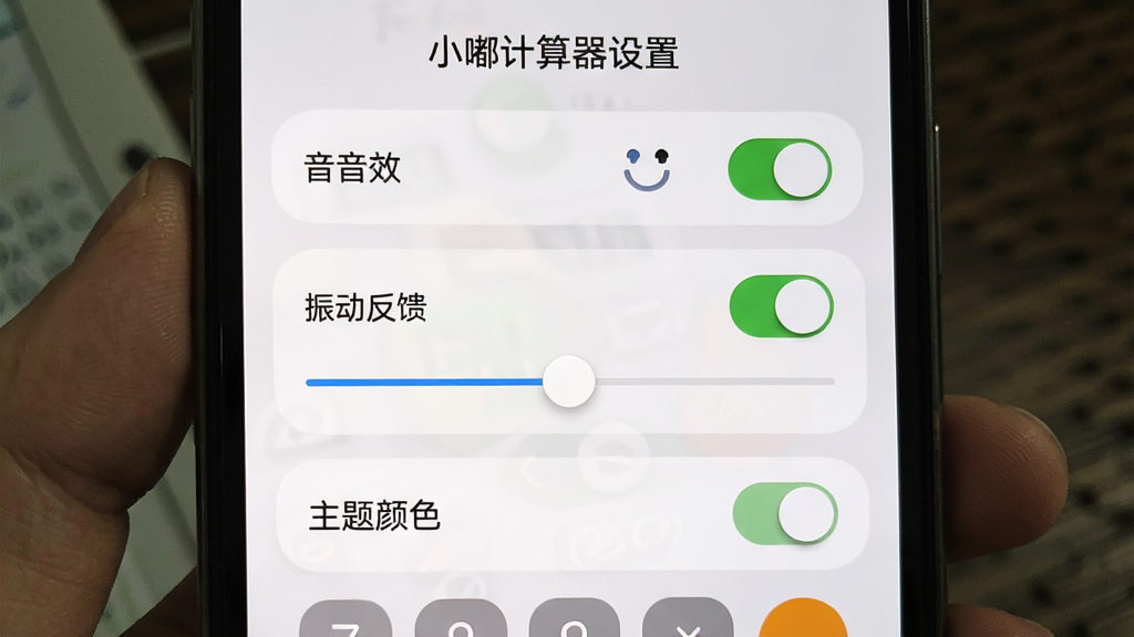 一张展示小嘟计算器设置界面的图片,画面为手机屏幕,界面中包含按键音效、振动反馈、主题颜色等设置选项,布局为分组列表,风格为柔和圆角设计,细节包含开关按钮与滑块控件,画质清晰干净,图片中文字显示“小嘟计算器设置”
