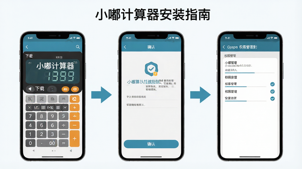 一张展示小嘟计算器在手机上安装与权限设置流程的图片,画面分为三个步骤展示,左侧为下载页面,中间为安装确认界面,右侧为权限管理页面,布局为横向排列,风格为扁平化教程风,细节包含箭头指引与勾选图标,画质清晰干净,图片中文字标注“小嘟计算器安装指南”