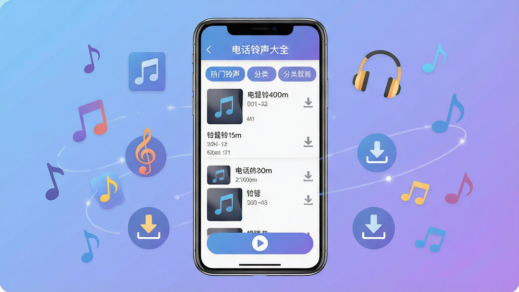 一张展示手机铃声下载软件界面的图片,画面中央是一部现代智能手机,手机屏幕上显示着“电话铃声大全”的应用界面,界面中包含热门铃声列表、分类标签和播放按钮,手机周围环绕着音符、耳机、下载箭头等图标元素,背景为柔和的蓝紫渐变色调,整体布局居中对称,风格为扁平化科技感UI设计,细节包括铃声名称、时长和下载图标,画质清晰,干净,无多余元素