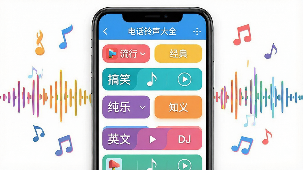 一张展示海量铃声分类界面的图片,画面主体为一部智能手机,屏幕中呈现“电话铃声大全”的曲库分类页面,包含流行、经典、搞笑、纯音乐、英文、DJ等多个彩色分类标签,每个分类下方有若干铃声条目和播放按钮,手机两侧漂浮着各种音乐符号与彩色声波图案,布局采用上下结构,风格为明亮活泼的扁平化设计,细节清晰展示分类图标与文字,画质干净,无多余元素