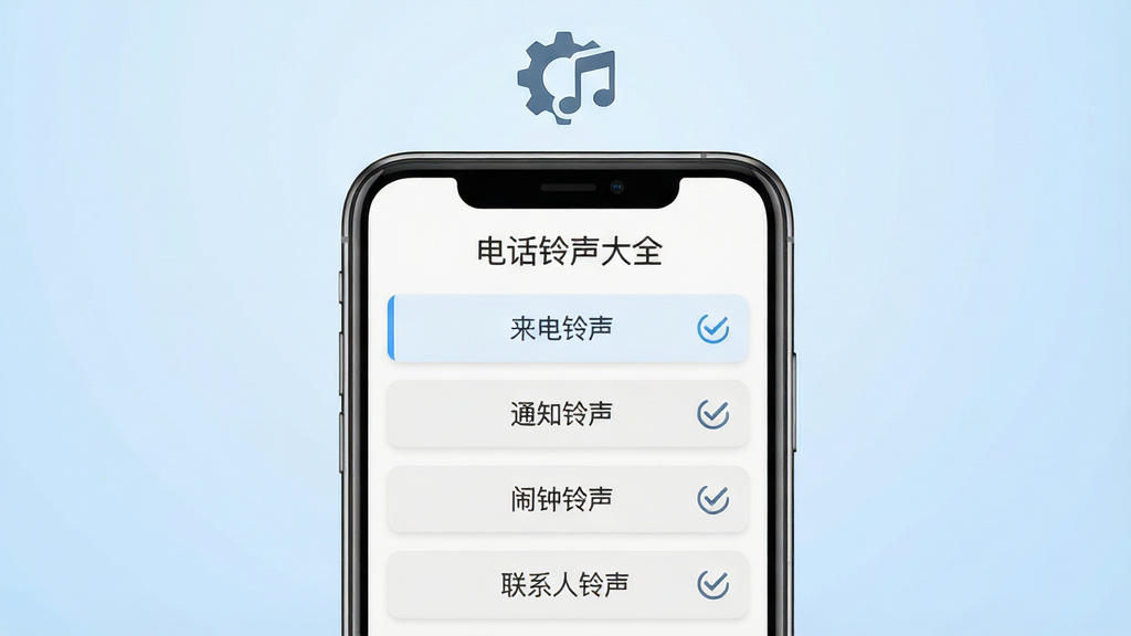 一张展示铃声设置引导界面的图片,画面主体为一部智能手机,屏幕中显示“电话铃声大全”的设置向导页面,包含来电铃声、通知铃声、闹钟铃声和联系人铃声四个选项按钮,每个按钮旁有对勾图标,手机上方有齿轮和音符结合的图标,背景为淡蓝色渐变,布局为上下排列的卡片式设计,风格简洁实用,细节清晰,画质干净,无多余元素