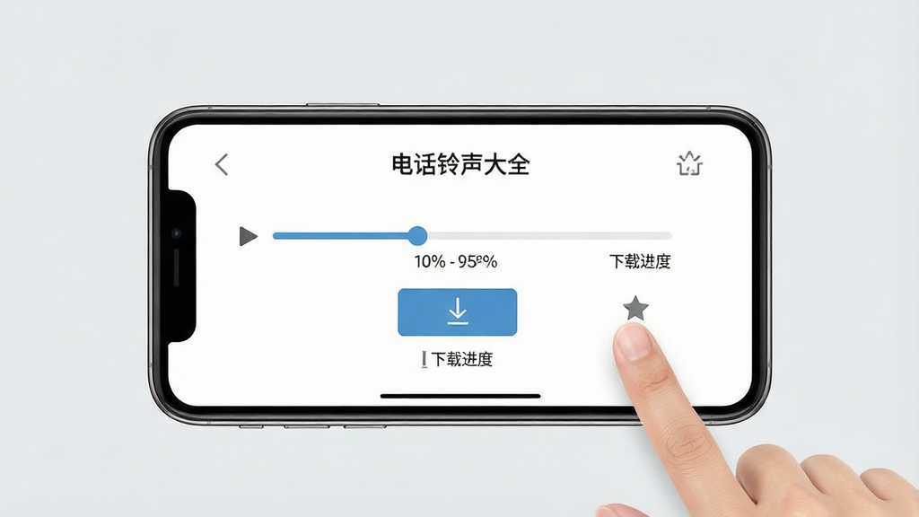 一张展示铃声试听与下载操作界面的图片,画面中央为一部横向放置的智能手机,屏幕显示“电话铃声大全”的铃声详情页,页面上有播放进度条、下载按钮和收藏图标,手机旁边有手指点击屏幕的动作示意,背景为浅灰色简约风格,布局采用居中构图,细节包括下载进度百分比和音质标识,画质清晰,干净,无多余元素