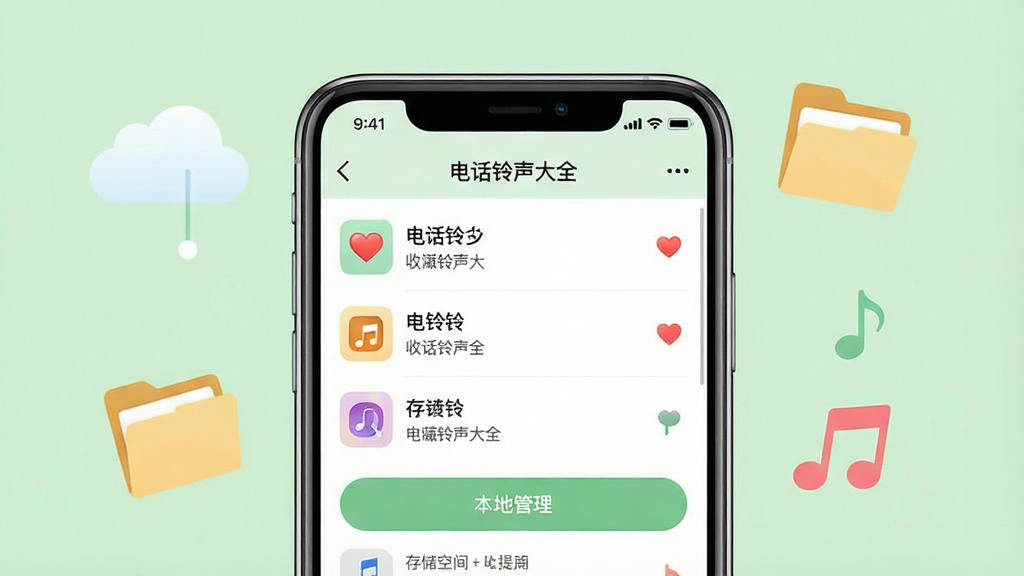 一张展示离线收藏与本地管理界面的图片,画面中央为一部智能手机,屏幕显示“电话铃声大全”的收藏夹页面,包含多个已收藏的铃声条目和本地管理按钮,手机周围有云朵、文件夹和音符图标,背景为柔和的浅绿色调,布局采用上下结构,风格清新简约,细节包括收藏心形图标和存储空间提示,画质清晰,干净,无多余元素