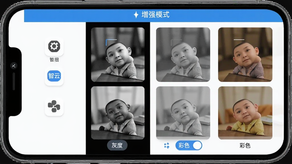 手机屏幕展示智云扫描的增强模式选择界面,画面中并排显示黑白、灰度、彩色三种处理效果对比,布局为左右分栏排版,风格为简洁工具类界面展示,细节包含模式图标、效果预览缩略图、切换按钮,画质高清,干净,无多余元素。