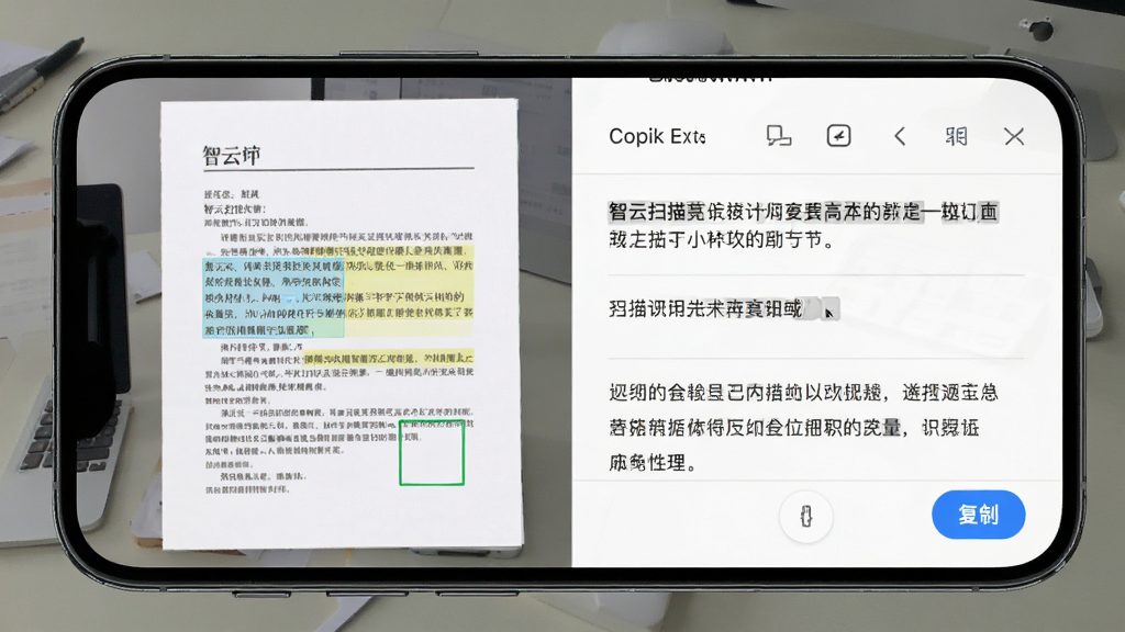 手机屏幕显示智云扫描的文字识别结果页面,画面中左侧为文档原图,右侧为可复制的文字内容,布局采用左右对照排版,风格为移动办公工具展示风,细节包含识别高亮框、复制按钮、段落分隔线,画质清晰,干净,无多余元素。