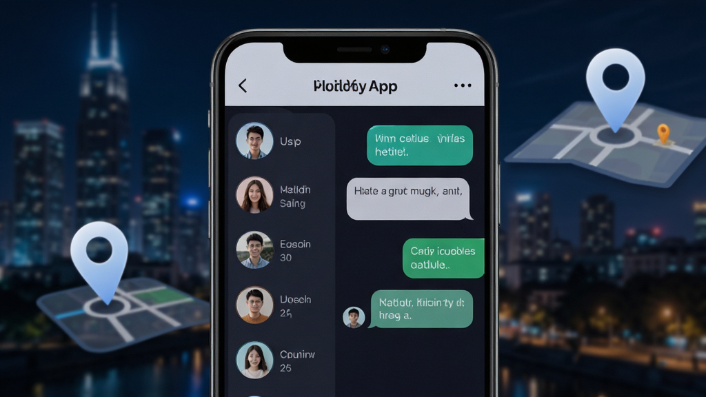 画面中央是一部智能手机,屏幕上显示同城畅聊APP的聊天界面,左侧是附近用户头像列表,右侧是对话气泡,背景是城市夜景与地图定位图标,整体风格为清爽科技风,细节包括头像圆角、消息气泡、定位标记,画质清晰,干净,无多余元素