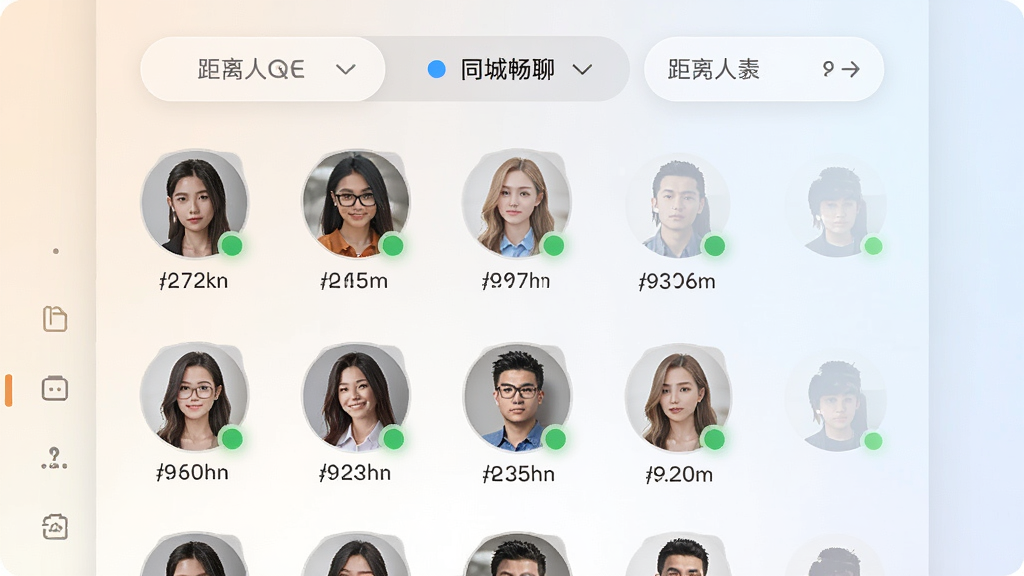 一张APP界面截图风格图,画面展示同城畅聊的附近的人列表,多个用户头像按距离远近排列,顶部有距离筛选条,背景为浅色渐变,风格简洁现代,细节包括头像框、距离标签、在线状态点,画质清晰,干净,无多余元素