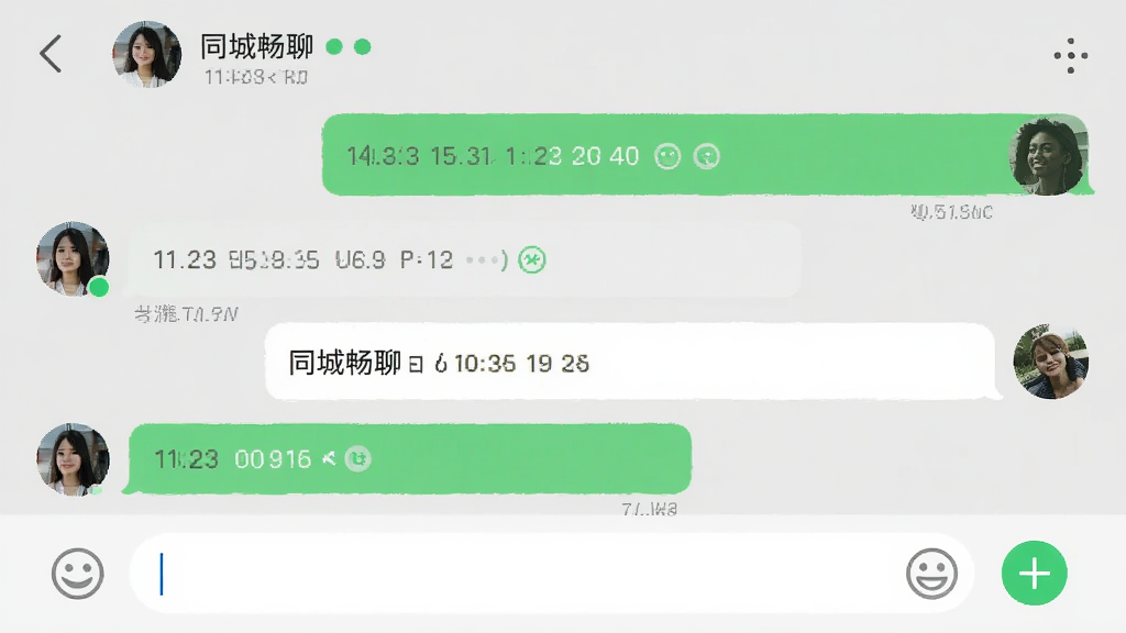 画面展示同城畅聊聊天对话界面,左右气泡分别为绿色和白色,底部输入框有表情和加号图标,顶部显示对方昵称和在线状态,背景为淡灰色,风格为移动端社交应用常见布局,细节包括时间戳、已读标记,画质清晰,干净,无多余元素