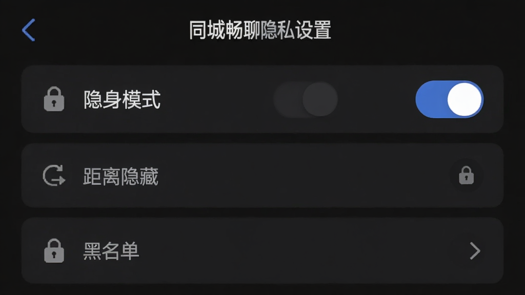 同城畅聊隐私设置页面,列表中包含隐身模式开关、距离隐藏选项、黑名单入口,界面为深色模式,风格沉稳安全,细节包括开关按钮、锁形图标、文字标签,画质清晰,干净,无多余元素