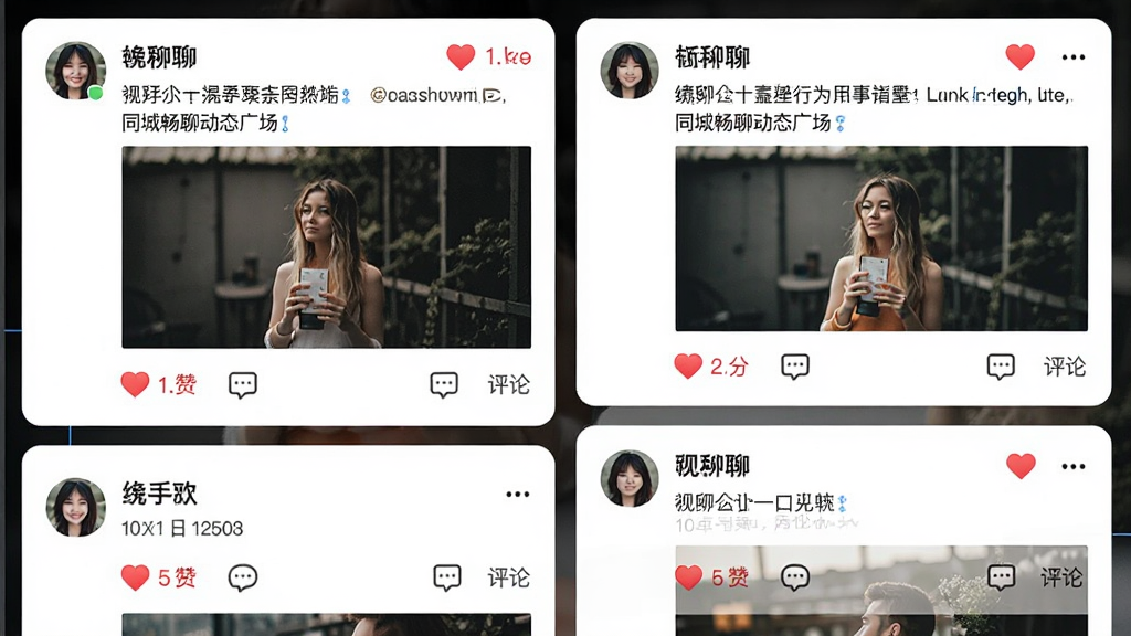 同城畅聊动态广场界面,瀑布流布局展示多条用户动态,每条包含头像、昵称、文字和配图,底部有点赞评论图标,背景为白色卡片,风格清新社交风,细节包括点赞红心、评论气泡,画质清晰,干净,无多余元素