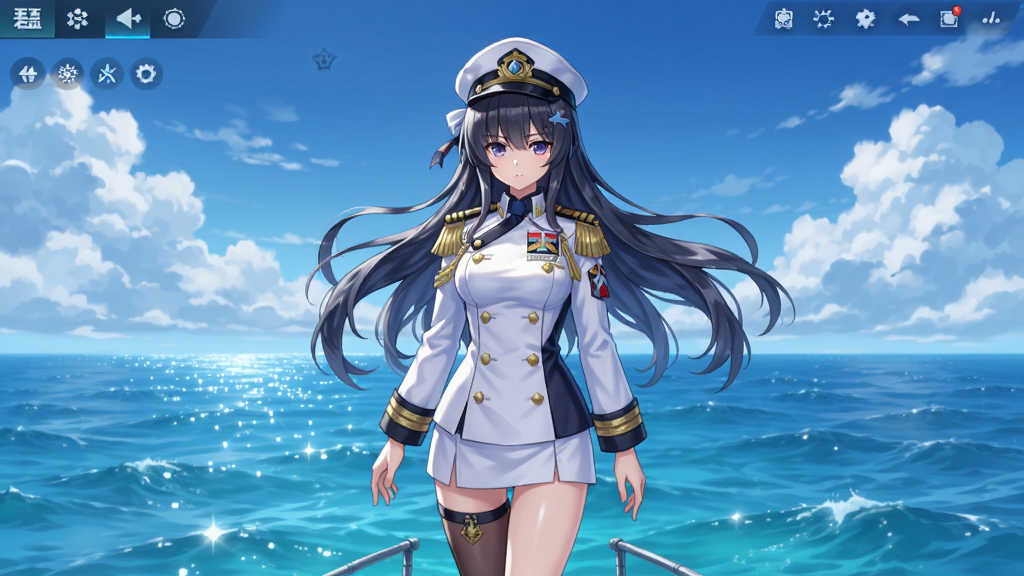 碧蓝航线游戏主界面全景,画面中央展示一位身着白色海军制服的舰娘角色站在碧蓝的海面上,背景是辽阔的海洋与蓝天白云,布局为横版构图,风格为日系二次元动漫风格,细节包括舰娘飘逸的长发、精致的舰装、波光粼粼的海面,画质高清,干净,无多余元素