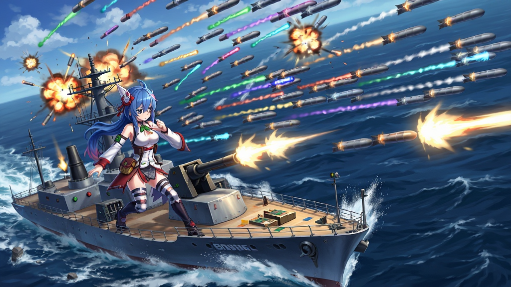 碧蓝航线海战弹幕射击画面,画面主体为两位舰娘角色在海上航行,周围环绕着密集的彩色弹幕与鱼雷轨迹,布局为斜向视角的战场,风格为动态二次元战斗场景,细节包括爆炸特效、海浪飞溅、舰装炮火,画质高清,干净,无多余元素