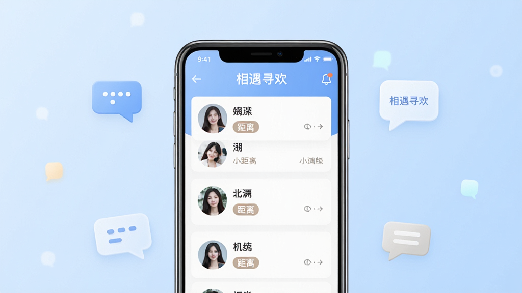 相遇寻欢 软件主界面展示图,画面中央是手机屏幕,屏幕内显示相遇寻欢APP的首页推荐列表,有用户头像、昵称和距离标签,背景是柔和的浅蓝色渐变,周围散落几个聊天气泡图标,整体风格清新简洁,画质干净无多余元素,文字“相遇寻欢”清晰可见