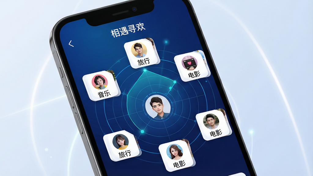 相遇寻欢 智能匹配功能展示图,画面主体是一个手机屏幕,屏幕中显示相遇寻欢APP的匹配雷达界面,中心是用户头像,周围环绕多个匹配对象头像卡片,卡片上标注兴趣标签如“音乐”“旅行”“电影”,背景是深蓝色科技感渐变,光线柔和,画质清晰干净,文字“相遇寻欢”出现在屏幕顶部