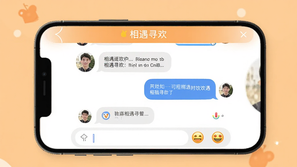 相遇寻欢 聊天界面展示图,画面中一部手机屏幕显示相遇寻欢APP的聊天窗口,左侧是对方头像和消息气泡,右侧是自己的回复气泡,底部有输入框和表情按钮,背景是温馨的浅橙色,屏幕上方显示“相遇寻欢”字样,整体风格简洁明快,画质干净