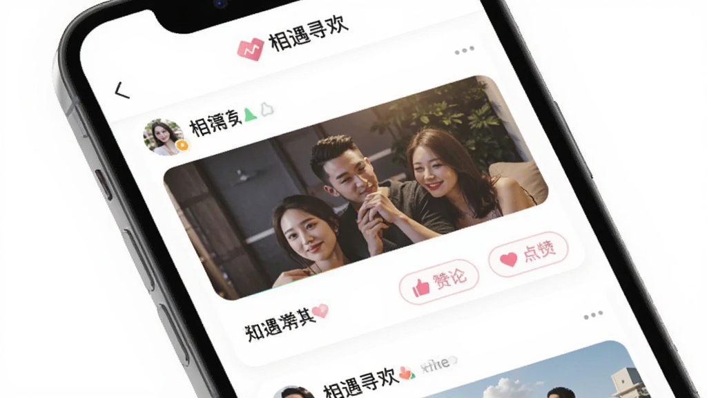 相遇寻欢 动态广场界面展示图,手机屏幕中显示相遇寻欢APP的动态流页面,包含用户发布的图片、文字和点赞评论按钮,页面顶部有“相遇寻欢”Logo,背景是纯白色,卡片式布局,色彩柔和,画质清晰无杂乱元素