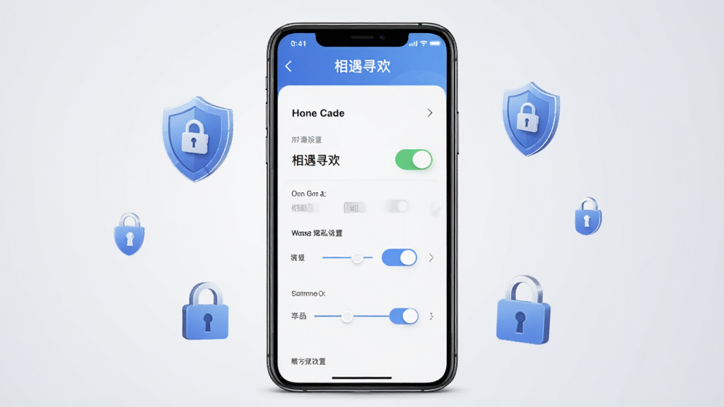 相遇寻欢 隐私安全功能展示图,画面中央一部手机屏幕显示相遇寻欢APP的隐私设置页面,有开关按钮和滑块选项,屏幕周围环绕盾牌和锁形图标,背景是浅灰色渐变,风格简约商务,画质干净,文字“相遇寻欢”在屏幕顶部