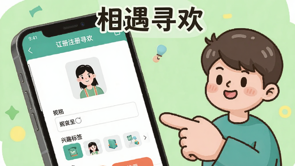 相遇寻欢 新手操作指引图,画面展示一部手机屏幕,屏幕内是相遇寻欢APP的注册资料填写页面,有头像上传框、昵称输入框和兴趣标签选择区,屏幕旁边有一个卡通人物手指指向屏幕,背景是浅绿色,风格轻松友好,画质干净,文字“相遇寻欢”在顶部
