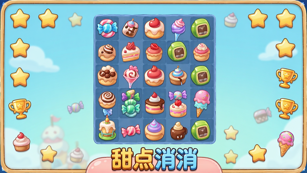 一张以“甜点消消”游戏界面为主题的插画,画面中央是多个甜品消除元素组成的关卡地图,地图上有不同颜色的节点代表关卡,周围环绕着星星和奖杯图标,布局为纵向卷轴式,风格为清新卡通,细节包括糖果、蛋糕、冰淇淋等元素,画面下方有“甜点消消”字样,画质高清,干净,无多余元素