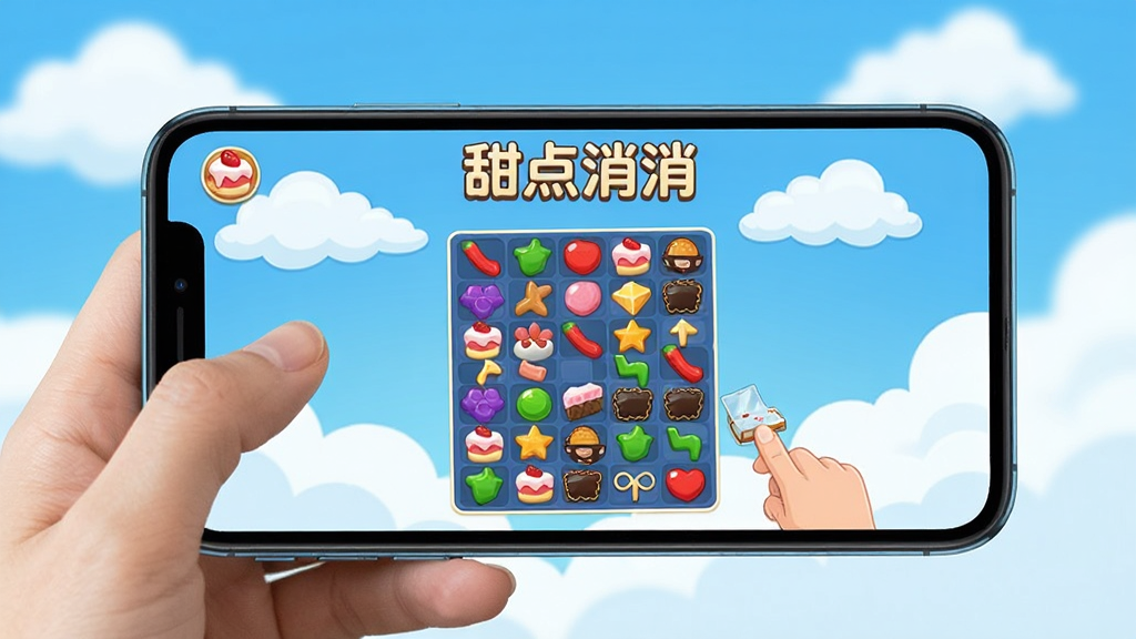 一张展示“甜点消消”离线游玩场景的图片,主体为手持手机在户外使用,手机屏幕上显示游戏界面,布局为第一人称视角,风格为生活化卡通,细节包括蓝天白云背景和手机上的消除元素,画面中手机屏幕上有“甜点消消”字样,画质清晰,干净,无多余元素