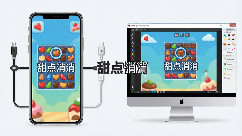 一张展示“甜点消消”在手机和电脑模拟器上同时运行的对比图,主体为左侧手机显示游戏界面,右侧电脑屏幕显示模拟器中的游戏画面,布局为左右分屏,风格为科技简约,细节包括连接线和同步图标,画面中央有“甜点消消”文字,画质清晰,干净,无多余元素