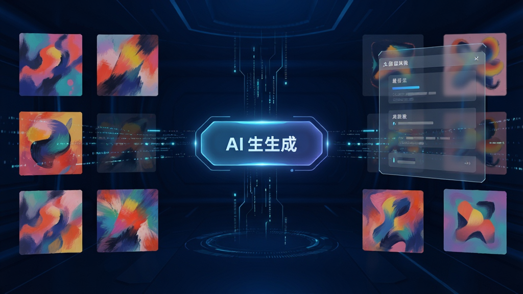 深AI幻境软件主界面展示,画面中央为悬浮的AI生成按钮,周围环绕着色彩斑斓的抽象艺术画作缩略图,背景是深蓝色调的未来感科技空间,主体明确,布局居中,排版简洁,风格为赛博朋克与极简主义结合,细节包括发光的数据流线条和半透明的操作面板,画质4K超清,干净无多余元素