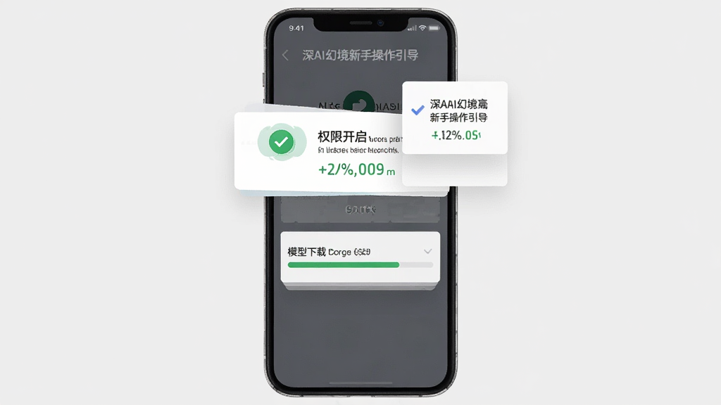 深AI幻境新手操作引导界面,画面展示一部智能手机屏幕中显示权限开启提示和模型下载进度条,主体为手机与悬浮提示框,布局居中,排版纵向排列,风格扁平化设计,细节包含绿色的对勾图标和进度百分比数字,画质清晰,干净无多余元素