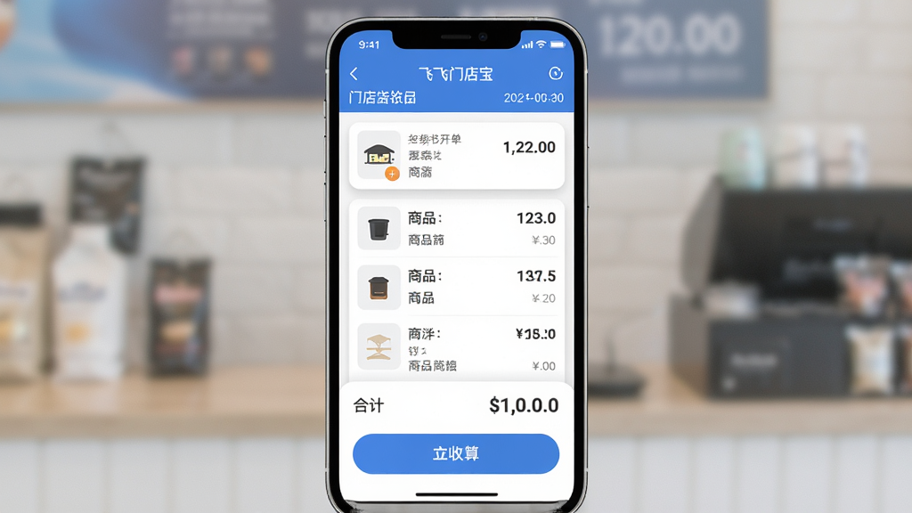 飞飞门店宝手机收银界面展示,主体为一部竖屏智能手机,屏幕中显示收银开单页面,包含商品列表、金额数字、结算按钮等模块,布局为上下结构,上方为门店名称与日期,中部为商品明细,下方为合计金额与收款操作按钮,排版简洁清晰,风格为现代扁平化移动应用界面,细节包含圆角卡片、柔和阴影、蓝白配色,画质高清干净,无多余元素