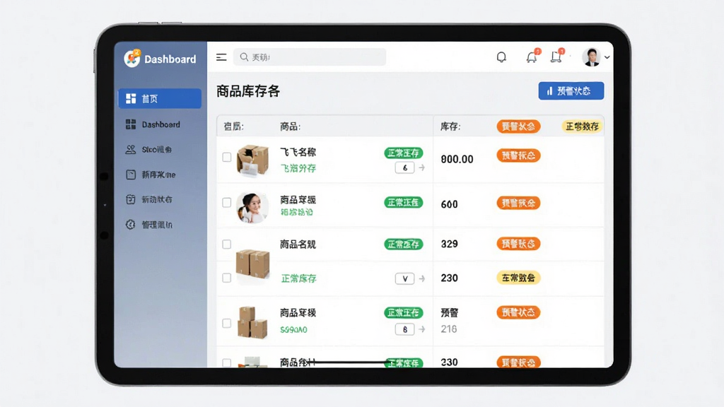 飞飞门店宝库存管理功能展示,主体为平板电脑横屏界面,屏幕中显示商品库存列表,包含商品图片、名称、库存数量、预警状态等字段,布局为左侧导航栏加右侧内容区的经典管理后台结构,排版整齐规范,风格为清爽商务风,细节包含绿色正常库存标签与橙色预警标签,画质高清干净,无多余元素