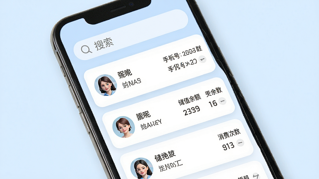 飞飞门店宝会员管理界面展示,主体为智能手机竖屏,屏幕中显示会员列表页面,包含会员头像、昵称、手机号、储值余额、消费次数等信息卡片,布局为顶部搜索栏加下方列表流,排版疏朗有致,风格为柔和圆角卡片设计,细节包含淡蓝色背景与白色卡片对比,画质高清干净,无多余元素