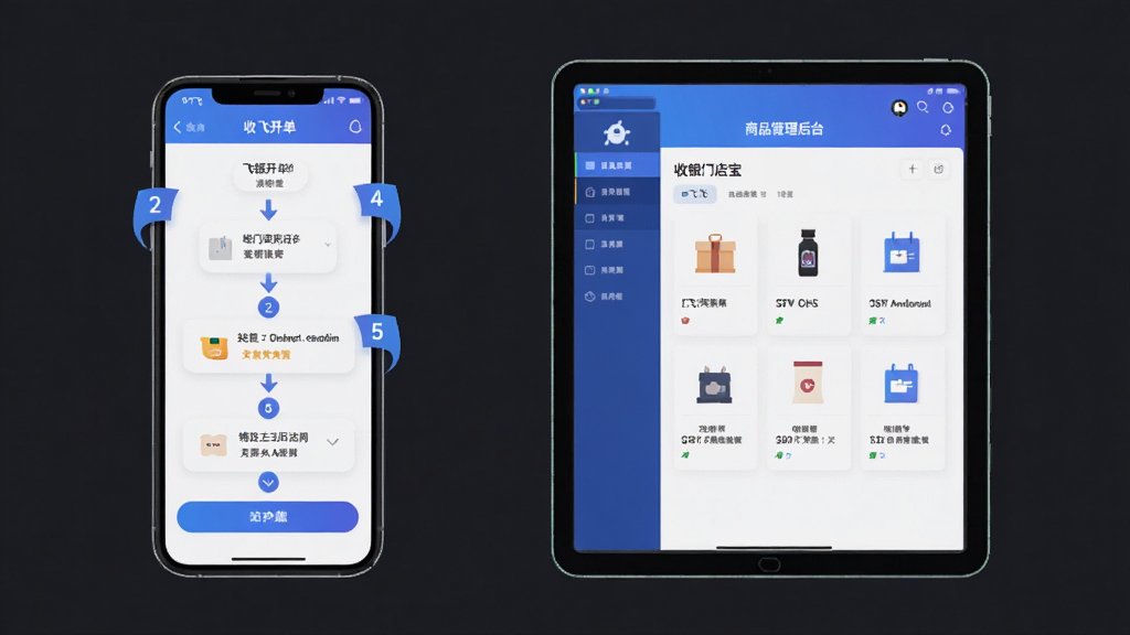 飞飞门店宝使用教程示意图,主体为一部手机与一台平板并排展示,手机屏幕显示收银开单流程步骤,平板屏幕显示商品管理后台,布局为左右对比排列,排版清晰有序,风格为扁平化科技插画风,细节包含步骤箭头与数字标注,画质高清干净,无多余元素