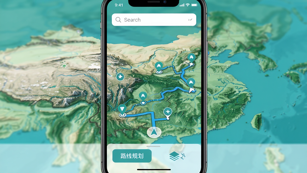 一张展示云上山水地图应用界面的手机屏幕截图,画面中央是立体的山川河流三维地图,地图上标注有清晰的导航路线,屏幕上方显示搜索框,下方有路线规划和图层切换按钮,整体配色以蓝绿色为主,风格清新自然,画质高清,细节丰富,干净无多余元素