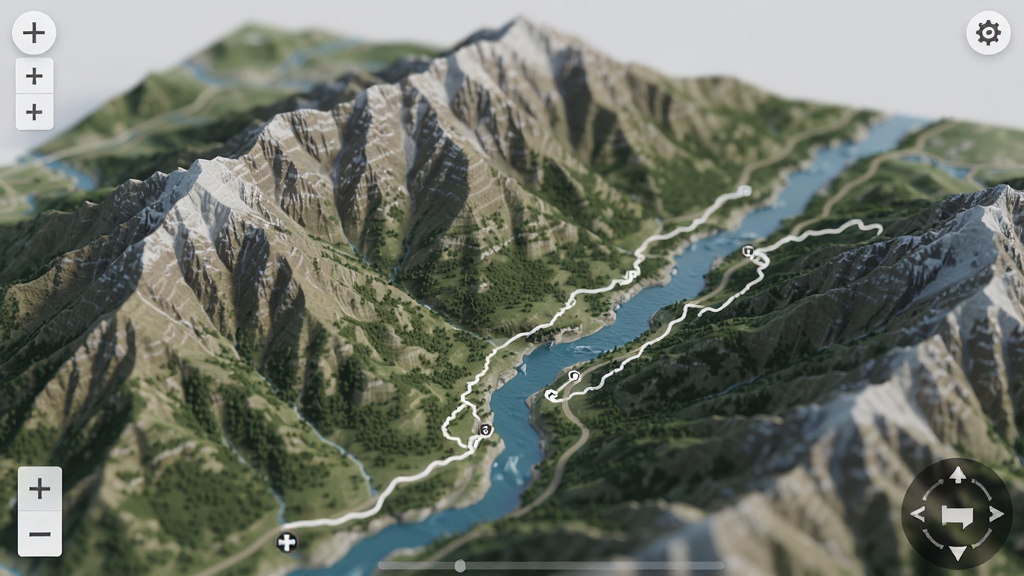 云上山水地图三维实景界面特写,画面中显示一座立体的山脉模型,山体纹理清晰可见,山谷中有蓝色河流穿过,地图上叠加有徒步路线轨迹,界面边缘有缩放和旋转控件,整体风格写实逼真,画质细腻,光线柔和,干净简洁