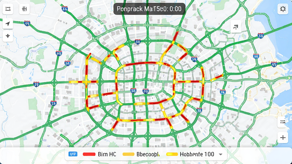 云上山水地图实时路况界面,地图上显示城市道路网,部分路段用红色和黄色标注拥堵程度,绿色路段表示畅通,屏幕上方有路况刷新时间,底部有路况图例说明,整体风格专业清晰,画质高清,细节到位,干净整洁