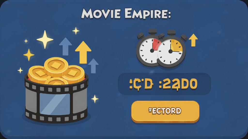 Movie Empire: Idle 离线收益结算界面,主体为一只装满金币的电影胶卷盒与计时器图标,布局居中显示收益数值与领取按钮,排版简洁直观,风格为扁平化卡通图标设计,细节加入星光闪烁和上升箭头,画质高清干净无多余元素