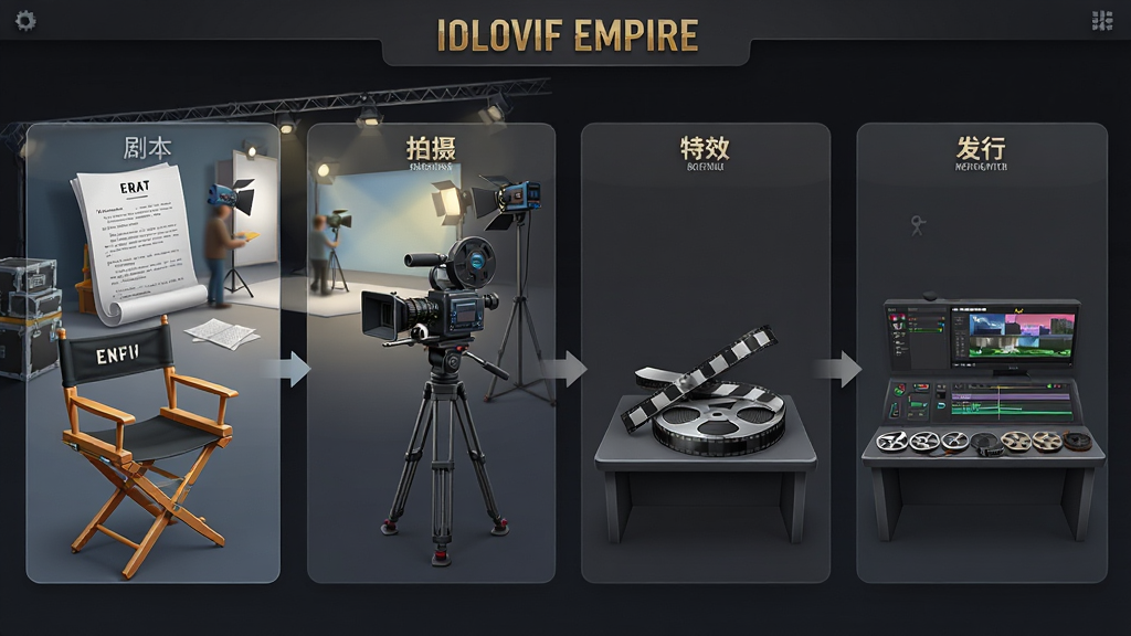 Movie Empire: Idle 影片制作流程界面,主体为电影拍摄现场与后期剪辑台,布局从左到右展示剧本、拍摄、特效、发行四个阶段,排版为横向流程图风格,细节加入导演椅、摄像机、胶片剪辑轨道,画质高清干净无多余元素