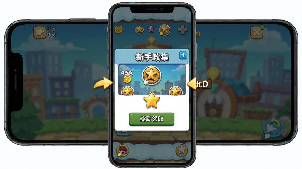 Movie Empire: Idle 新手引导界面,主体为手机屏幕中显示游戏教程弹窗与奖励领取按钮,布局为竖屏手游界面,排版简洁明了,风格为卡通休闲游戏UI,细节加入金币、明星头像与箭头指引,画质高清干净无多余元素