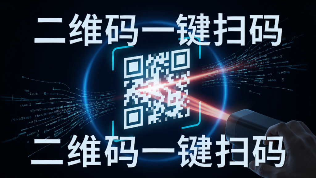 一个科技感十足的识别引擎概念图,画面中心是一个发光的二维码被扫描光束快速掠过,周围环绕数据流线条,背景深色带有蓝色光晕,画面中带有“二维码一键扫码”文字,风格偏向未来科技,细节锐利,画质高清,干净简洁