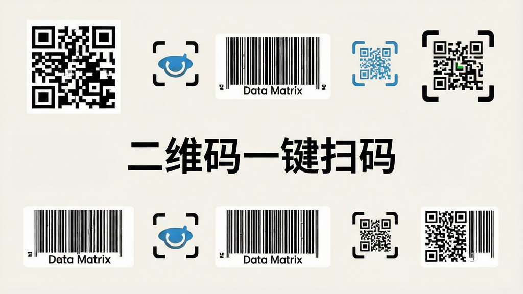一张展示多种条码格式并列的示意图,包括QR码、条形码、Data Matrix码等,每种码旁边有对应的图标标注,画面中央有“二维码一键扫码”字样,整体布局整齐,浅色背景,风格清爽,画质清晰,无多余装饰