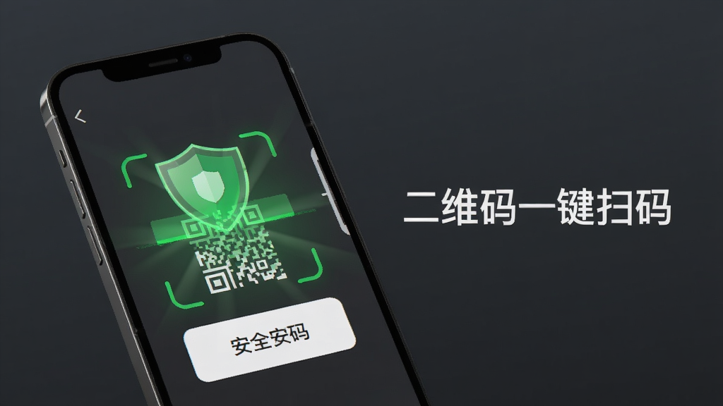 一个手机屏幕显示安全盾牌图标与二维码扫描结果页面,盾牌发出绿色光芒表示安全,旁边有“二维码一键扫码”文字,背景为深灰色,风格稳重可靠,细节清晰,画质干净