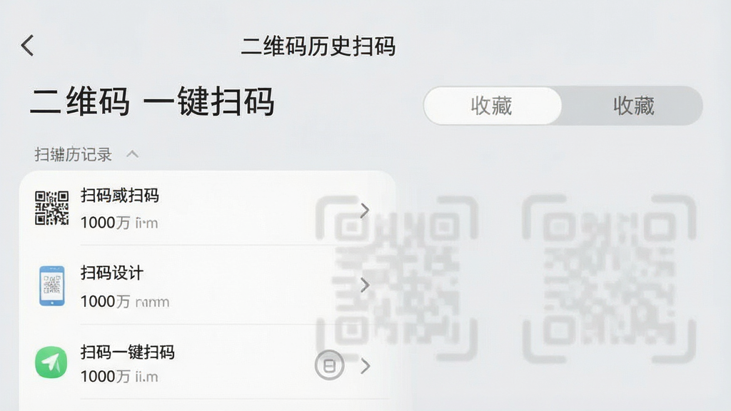 一张手机应用界面截图风格图片,展示扫码历史记录列表和收藏夹标签页,界面简洁,条目清晰,顶部有“二维码一键扫码”标题,背景浅灰,风格素雅,画质清晰,无多余元素