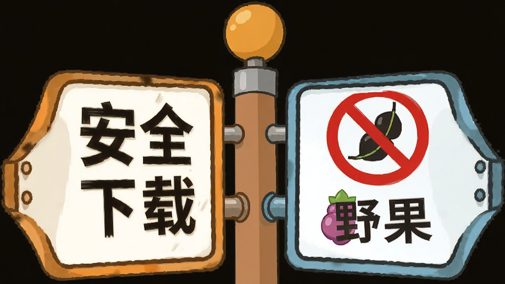 主体是一个卡通风格的小路标,布局在画面中央,排版采用左右对比形式,风格为扁平化插画,细节上左侧路标写着“安全下载”,右侧路标画着禁止符号和“野果”图标,画质清晰,干净,无多余元素
