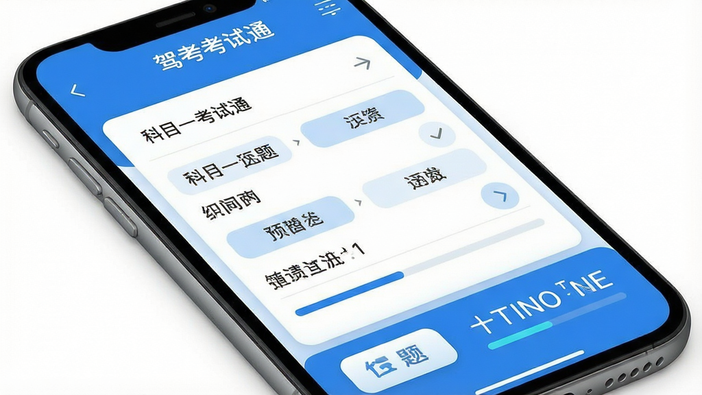 驾考考试通软件主界面展示,手机屏幕中呈现科目一题库练习页面,顶部显示软件名称“驾考考试通”,中间为题目选项区域,底部有答题卡与计时器,整体采用蓝白配色,布局清晰,风格简洁现代,细节包括按钮圆角与进度条,画质高清,干净,无多余元素