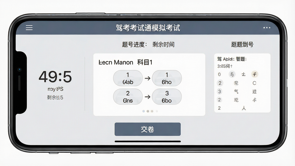 驾考考试通全真模拟考试界面,手机横屏展示考试倒计时与答题卡,屏幕中央显示一道科目一选择题,顶部标注“驾考考试通模拟考试”,底部有交卷按钮,背景为浅灰色,风格严肃正式,细节包括题号进度与剩余时间,画质清晰,干净,无多余元素
