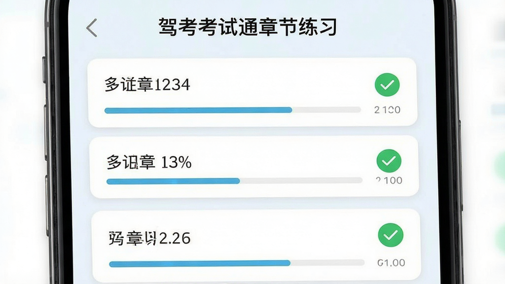 驾考考试通章节练习页面,手机屏幕展示科目四章节列表,每个章节名称旁标注题目数量与完成进度,顶部显示“驾考考试通章节练习”字样,界面采用卡片式布局,浅色背景,风格清新,细节包括进度条与对勾图标,画质清晰,干净,无多余元素