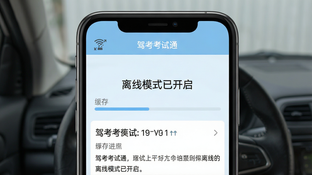 驾考考试通离线刷题模式界面,手机屏幕显示“离线模式已开启”提示,下方为正常答题界面,顶部有网络断开图标与“驾考考试通”名称,背景为淡蓝色,风格清爽,细节包括缓存进度与题目内容,画质高清,干净,无多余元素