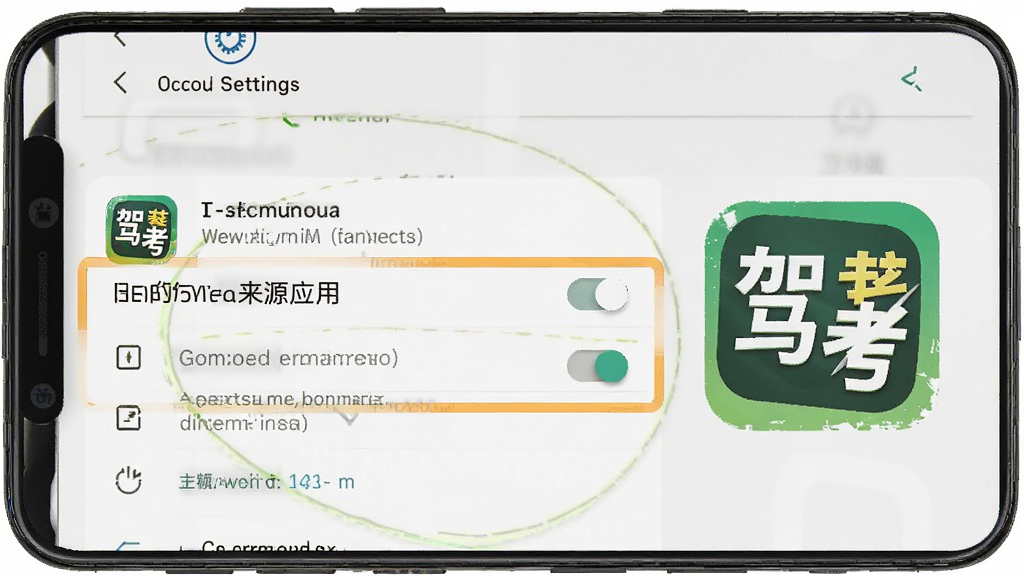 驾考考试通安卓手机安装权限设置示意图,手机屏幕显示设置菜单中的安全与隐私页面,高亮标注“允许安装未知来源应用”选项,旁边有驾考考试通图标,背景为系统设置界面,风格写实,细节包括开关按钮与提示文字,画质清晰,干净,无多余元素